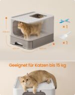 Feandrea Котешка тоалетна от неръждаема стомана с чекмедже, 2 входа - Image 7