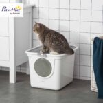 PawHut Котешка тоалетна с капак и лопатка 44x55x39 см Сиво+Бяло - Един размер - Image 2