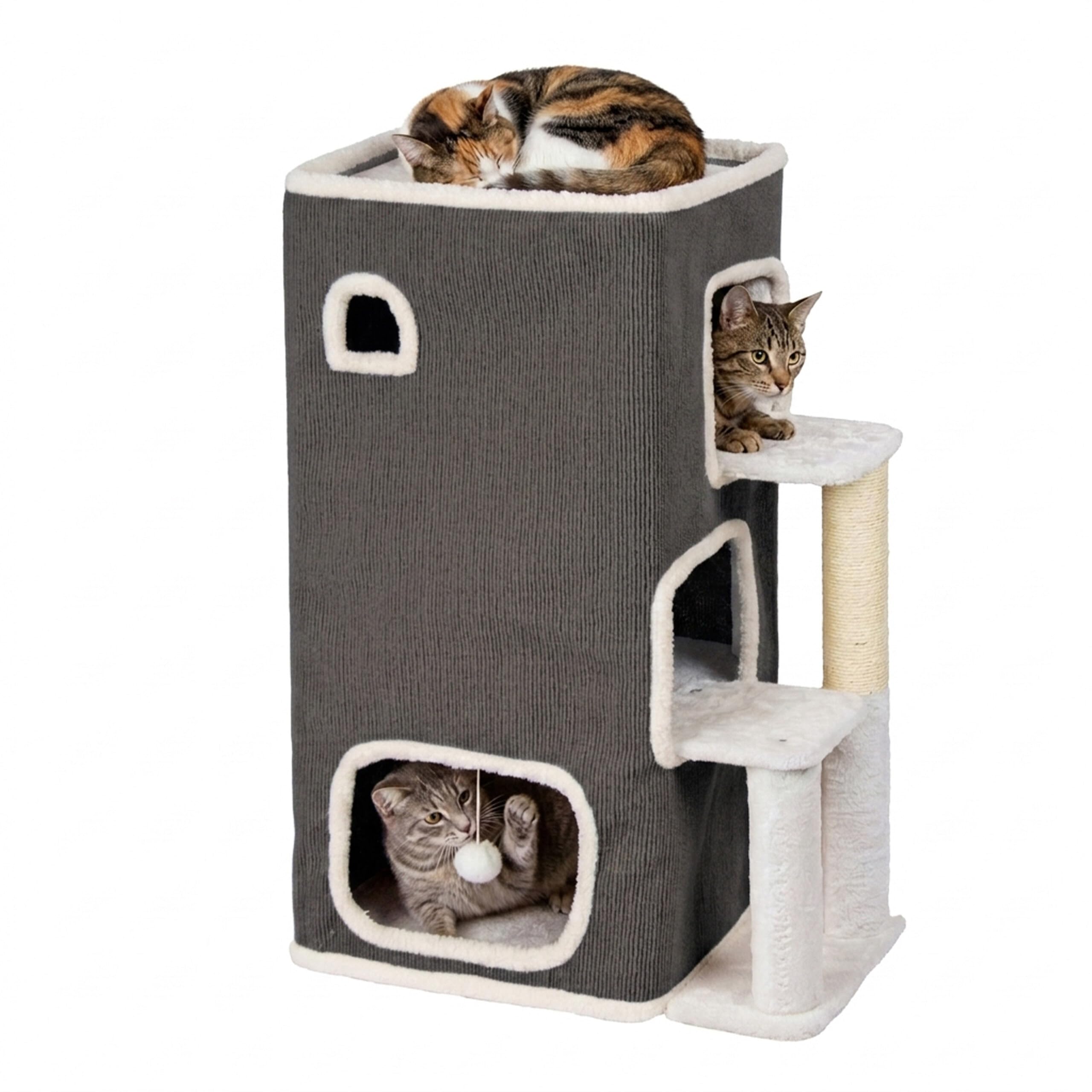813B4fBzytL.jpg Relaxdays Котешка къща 3-етажна с топка и драскалка, сива - Image 1