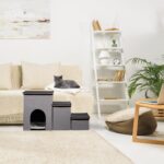 Relaxdays стълба за кучета и котки 3 стъпки, с Къщичка и място за съхранение, сива - Сив, Антрацит, Бял, 41,5 x 72 x 33 см - Image 3
