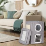 Relaxdays легло за котки, 2 къщички и 1 открит етаж, с площ за драскане, 63x40x40 см - Сив, Бял, Кремав - Image 3