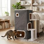 Relaxdays Котешка къща 3-етажна с топка и драскалка, сива - Image 2